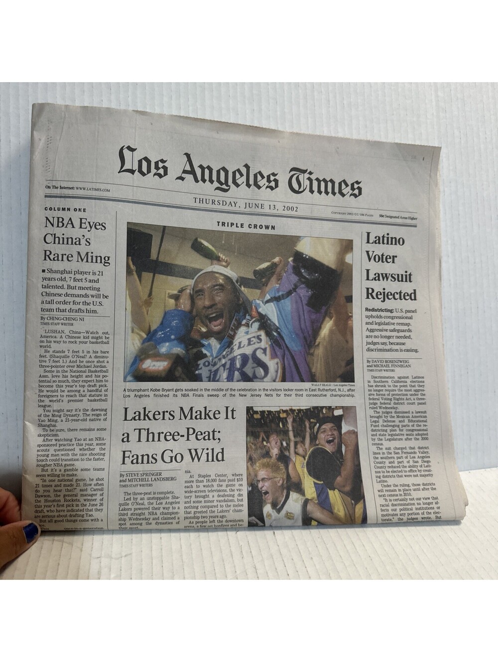 LOS ANGELES TIMES June 13 2002 Lakers NBA Champions Three Peat Kobe Shaq O’Neil